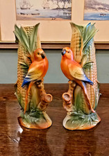 Pair Of Antique Continental Porcelain Spill Vases Parrots On Corn Cobs Birds