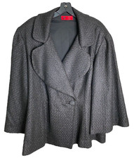 Vtg. Created By Roz Black Textured Swing Jacket Cape Style Coat Shawl Collar 22