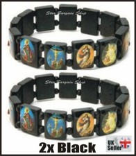 2X BLACK Wooden Elasticated Saints Bracelet Jesus Wristband Religious Saints NEW