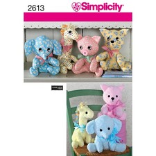 Simplicity 2613 STUFFED TOYS Elephant Giraffe Pig Cat Sewing Pattern 10-12" tall