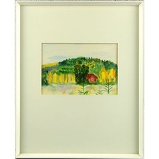 Framed Original Retro Watercolour Landscape Painting Larch Fir Nordik Woodland