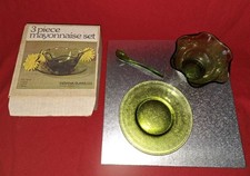 Vintage Indiana Glass Co Olive Green Mayonnaise Dish Serving Set 3 Pc Boxed
