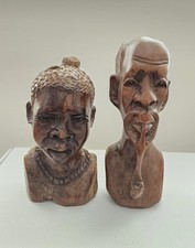 Pair of African Hand-Carved Wooden Heads/Busts - Male And Female