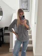 Massimo Dutti Grey Linen Top Size M, V-Neck 3/4 Sleeve Leather Trim Oversized