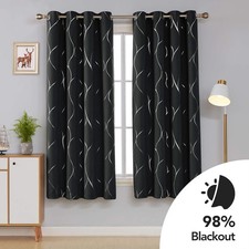 Eyelet Blackout Curtains Gold Wave Foil Printed Curtains Thermal D183 x W130cm