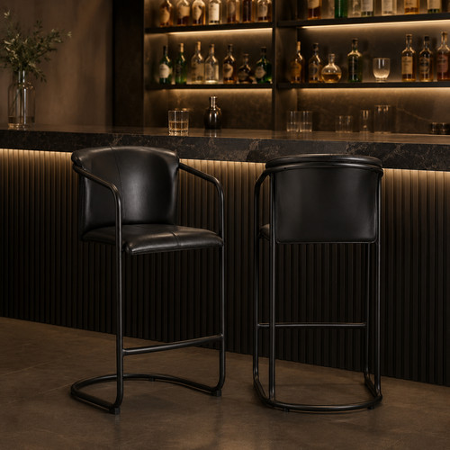 Black real leather bar stool - real,