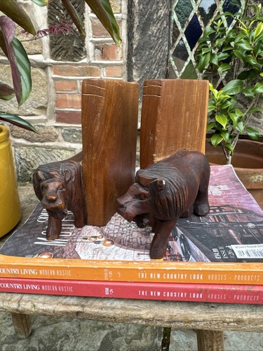 Vintage wood book ends lions - wood,