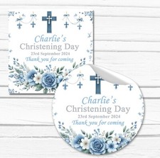 Personalised Christening Stickers Baptism Favours Labels Blue Cross Flowers