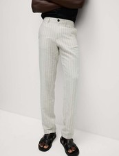 Marks & Spencer Mens Black Linen Striped Straight Men Trousers - M&S