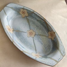 Vintage Blue Floral Oval Eared Stoneware Oven To Table Serving Dish 15.25" Long