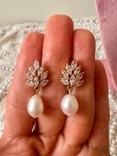 Wedding Freshwater Pearl Diamond  Bridal Drop Earrings, Bridesmaid Gift