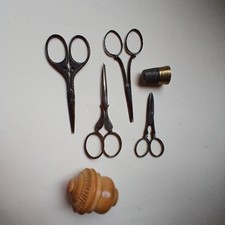 Antique Fancy Steel Small Scissors Thimble & Case Victorian  Georgian 