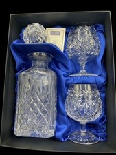 Stuart Crystal Square Decanter & Pair of Brandy Glasses In Silk Box