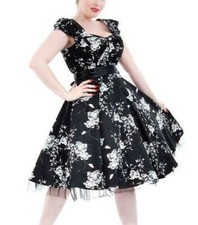 H & R London Black White Floral Graphite Black Tulle Swing Dress 80's 50's 6690