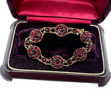 ANTIQUE VICTORIAN ART DECO BRACELET RICH RED OLD ROSE CUT GARNET GOLD WASH BRASS