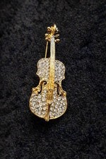 Rhinestone Violin Brooch Gold