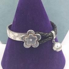 Silver Plated Bracelet Faux Leather Flower Enamel Charm Folli Follie 