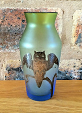 Antique Art Nouveau Miniature Opaque Silver Overlay Owl Vase Loetz Carl Goldberg