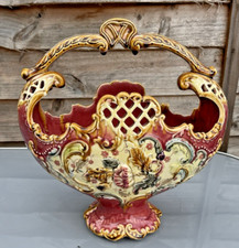 Vintage Red Majolica Oval Basket/ Vase Decorative Collectable