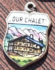 OUR CHALET *RARE* Silver Vintage Travel Shield Enamel Souvenir Collectible Charm