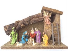 Rare Vintage Nativity Scene Wooden Manger with  Figures Retro Kitsch Christmas