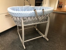 Clair De Lune Moses Basket (Blue Waffle Grey Wicker) with Rocking Stand