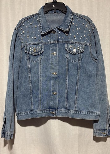 Denim jacket with pearl - denim,