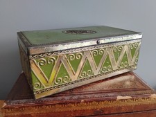 Antique Blue Bird Toffee Tin Green Gold Hinged Lid Decorative Storage Box C1920