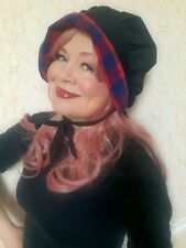 Ladies Black Check Trim Cotton Bonnet Coif Tudor Hat Cap Elizabethan Victorian
