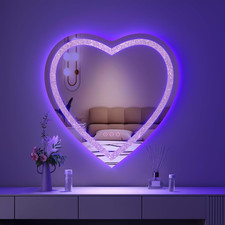 24"X24" Heart Shaped Mirror Crushed Diamond, RGBWY LED Heart Vanity Mirror with