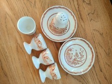 Furnivals 1913 Quail Brown Pepper Pot Egg Cups x 4 and Saucers x 2 Vintage