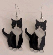 Black & White Tuxedo Cat Acrylic Plastic Earrings 