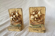 Superb Pair Of Antique Painted Cast Brass Sailing Ship Galleon Nautical Bookends