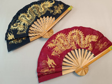 2 X Oriental Collectible Hand Painted Dragon Fabric Folding Hand Fan (B2526)