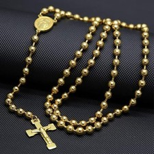 Catholic 18K Yellow Gold On Rosary Beads 24" Jesus Crucifix Medal Necklace