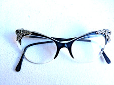Vintage 50s Black & White Stripe Marcasite detailed Supra Spectacles