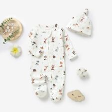 Woodland Animals Organic Cotton Baby Boys Girls Zip Babygrow Sleepsuit & Hat Set