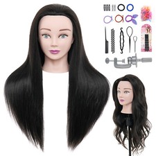 24'' 50% Real Human Hair Training Head Hairdressing Manikin Mannequin Doll&Clamp