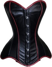 New Over bust Steel boned Black Leather with Maroon Piping body shaper  corsets