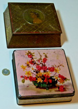 PAIR VINTAGE BISCUIT SWEETS TINS QUEEN FLOWERS 1950S.
