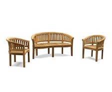 Teak Banana Bench & 2 Armchairs Garden Set, Contemporary range