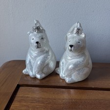 2 Silver Polar Bears Sitting Figural Xmas Tree Baubles Pearl White Sparkly H3.5”