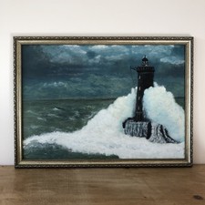 Rough Sea Lighthouse LARGE Impressionist Oil Painting