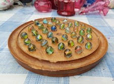 Vintage French 37 Hole Oak Solitaire Board With Vintage Marbles.
