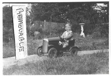 Vintage Old Family Photograph Boy Smiling In Metal Pedal Car Garden Path  1930'S