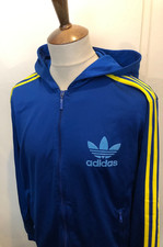 RETRO ADIDAS HOODED TRACKSUIT TOP SIZE LARGE BLUE