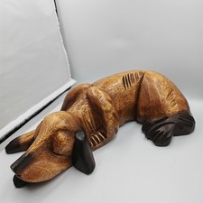 Vintage wooden dog sleeping hand carved brown ornament sculpture 12 inches