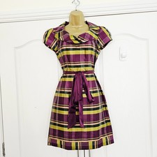 Ted Baker Dress Size 2 UK 10 Pure Silk Taffeta Tartan Cowl Neck Purple Green