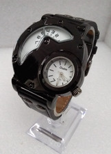 Oulm 'A Unique Design' 9591 Unusual Dual Dial Watch, Black Case & White Dials