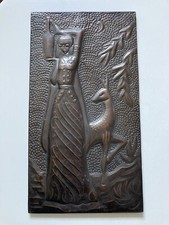 Vintage Hammered Metal Art Wall Plaque Art Deco Lady With Deer Gallery Wall